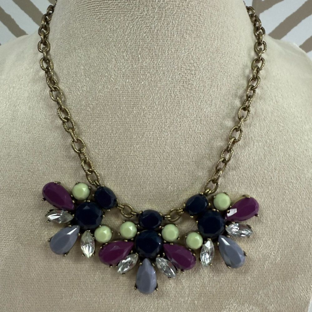 J Crew Purple Blue Crystal Bronze Statement Necklace